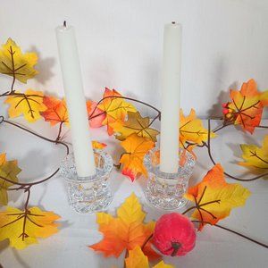 Candle Holders Pair Faceted Clear Glass for Tapers, Tea Lights, Votives Pedestal